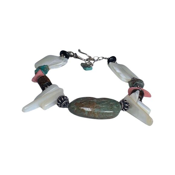 Turquoise 925 Sterling Sliver Bracelet 7" Coral Mother Of Pearl Southwestern - Picture 6 of 14